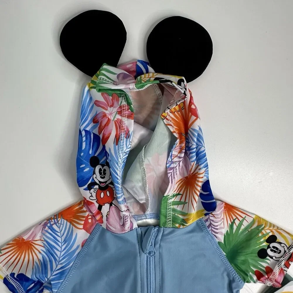 Disney Baby Mickey Mouse Hooded One Piece Tropical Swimsuit 3‑6M UPF 50+‎ NEW